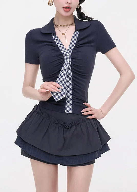 Navy V Neck Patchwork Cotton T Shirt Tops Sleeveless