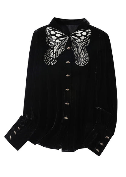 Organic Black Peter Pan Collar Embroideried Butterfly Button Velour Shirts Long Sleeve Fall