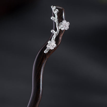 Ebony Plum Blossom Chinese Hairpin 925 Sterling Silver Classic