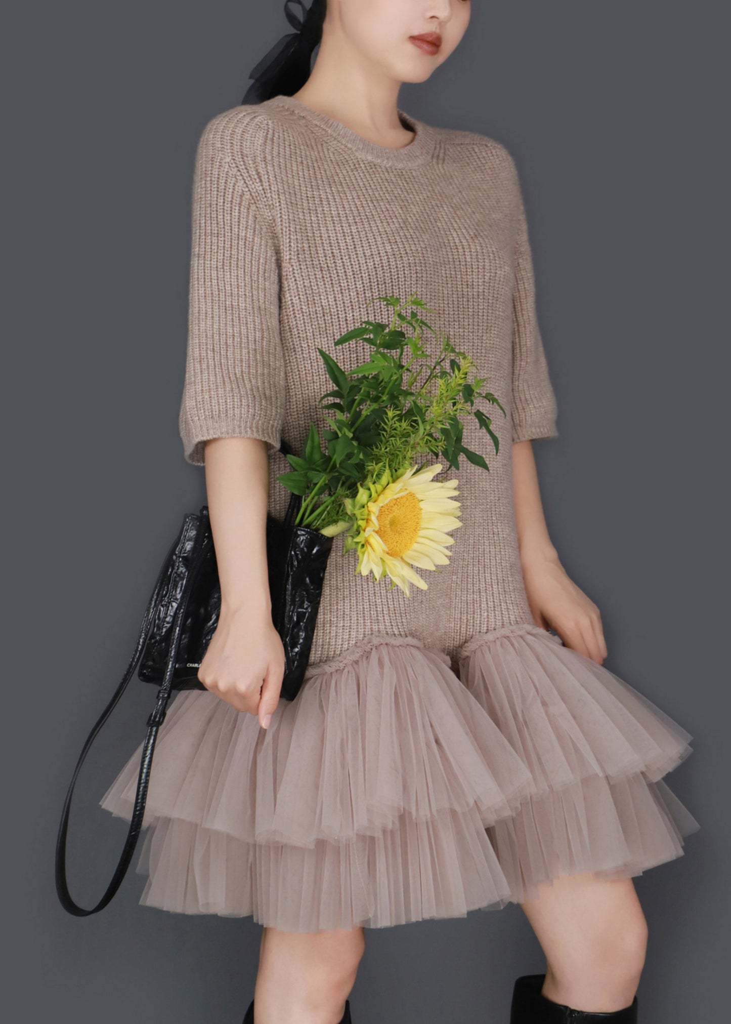 Oatmeal Color O Neck Wrinkled Tulle Patchwork Knit Sweater Dress