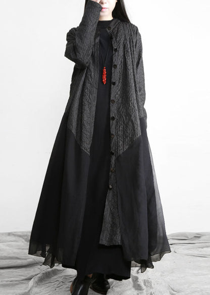 Black Stand Collar Button Patchwork Cotton Loose Coat Fall