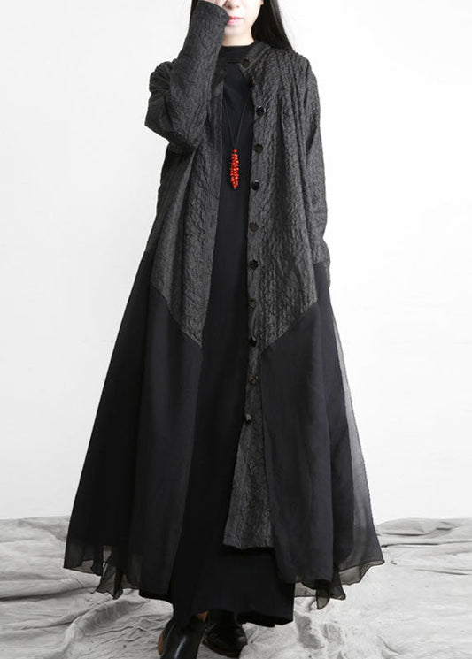 Black Stand Collar Button Patchwork Cotton Loose Coat Fall