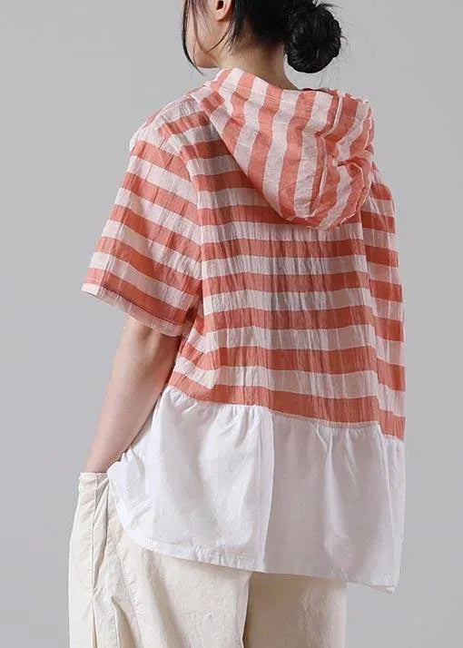Handmade Yellow Striped Hooded Cotton Linen Summer Shirts