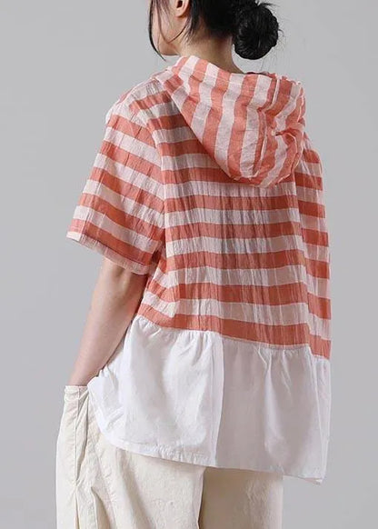 Handmade Yellow Striped Hooded Cotton Linen Summer Shirts