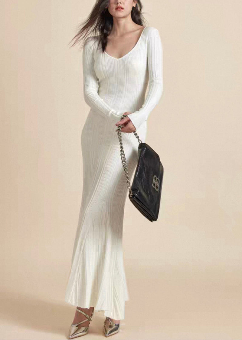 Slim Fit White V Neck Knit Long Dress Fall