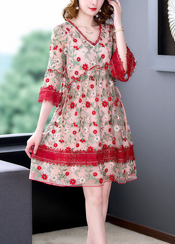 Red V Neck Embroideried Lace Patchwork Tulle Maxi Dresses Summer