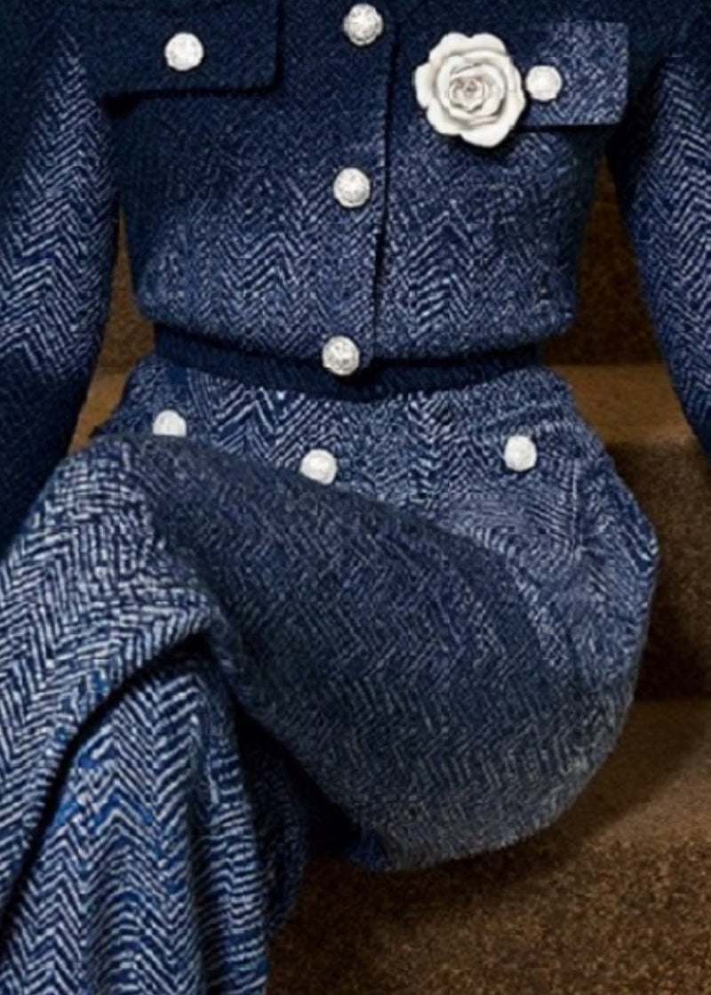 Blue V Neck Knit Two Pieces Set Fall