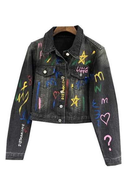 Black Gray Lapel Graffiti Denim Jacket Autumn