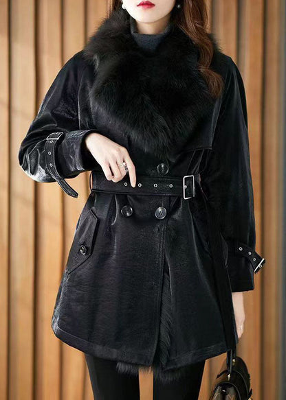 Black Peter Pan Collar Tie Waist Patchwork Fuzzy Fur Fluffy Coats Winter