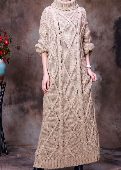 French Khaki Turtle Neck Hollow Out Knit Winter Sweater Dress