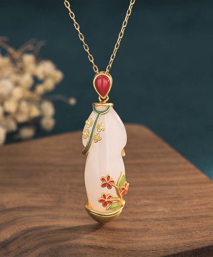 White Inlaid Jade Cloisonne Pendant Necklace