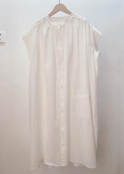 Loose White Button Pockets Cotton Shirt Dresses Summer