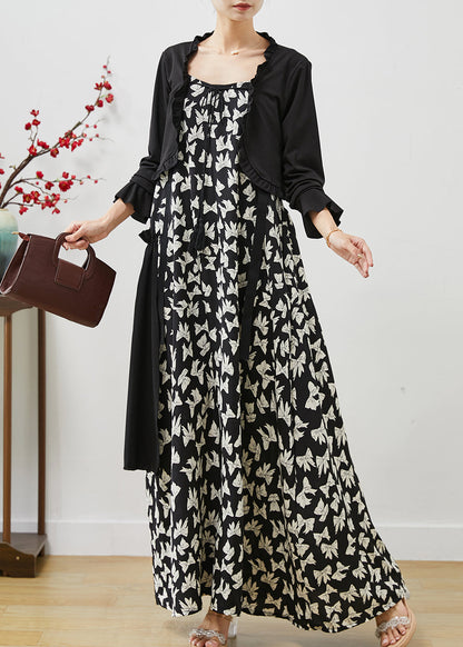Black Ruffled Print Chiffon Dress Two Pieces Set Summer