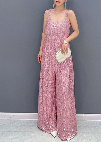 Pink Slash Neck Sequins Spaghetti Strap Jumpsuit Summer
