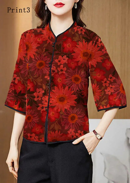 White Geometry Mandarin Collar Print Silk Shirt Tops Half Sleeve