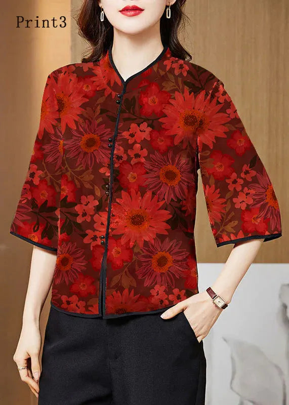 White Geometry Mandarin Collar Print Silk Shirt Tops Half Sleeve