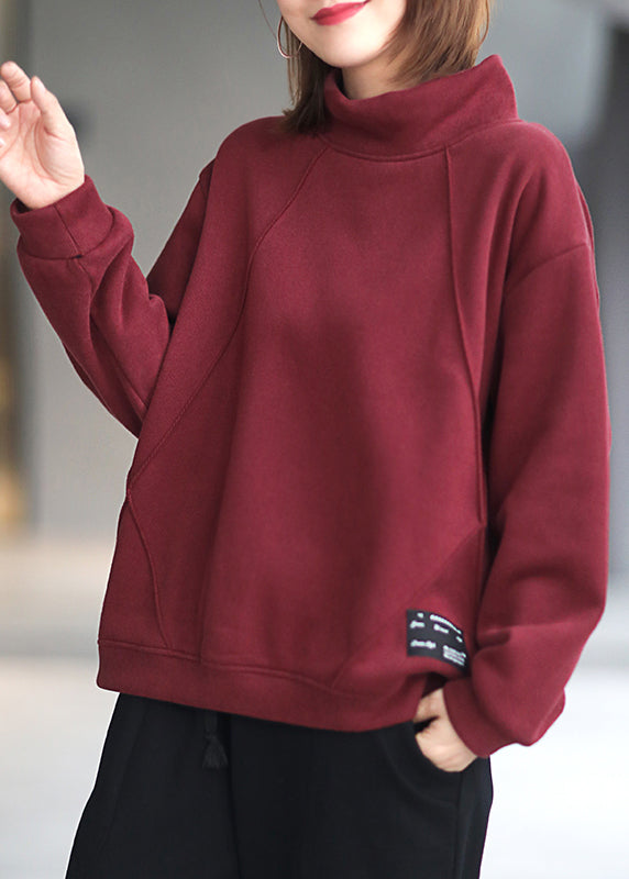 Red Hign Neck Warm Fleece Pullover Sweatshirt Top Winter