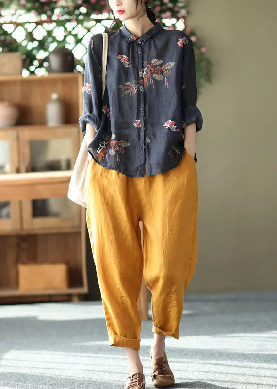 Black Peter Pan Collar Button Print Linen Shirt Tops Long Sleeve