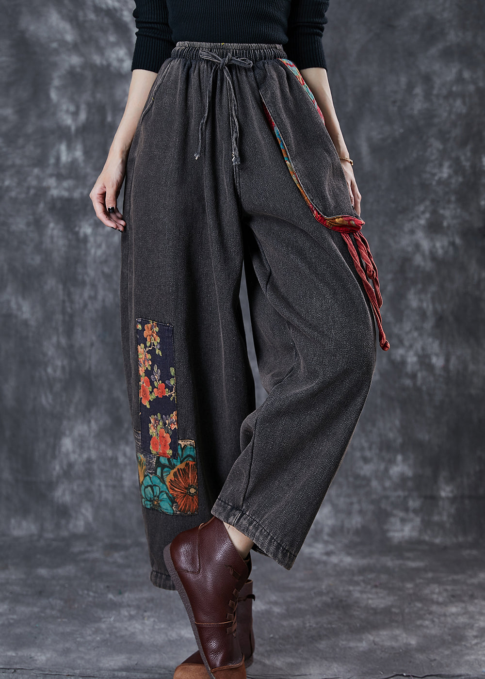 Black Oversized Patchwork Applique Denim Pants Summer