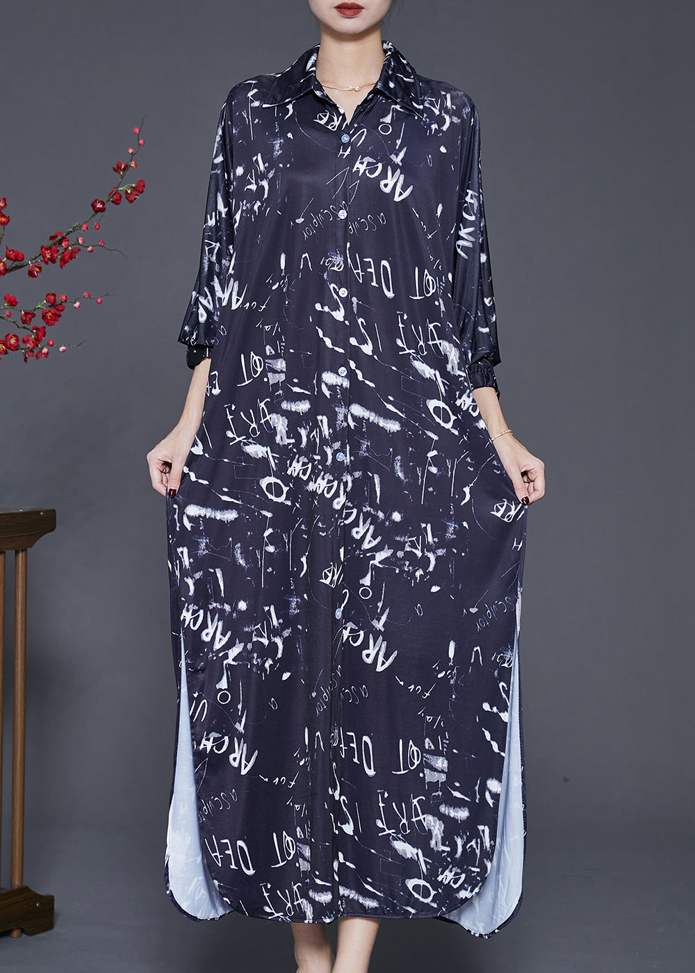 Black Print Cotton Long Dress Spring
