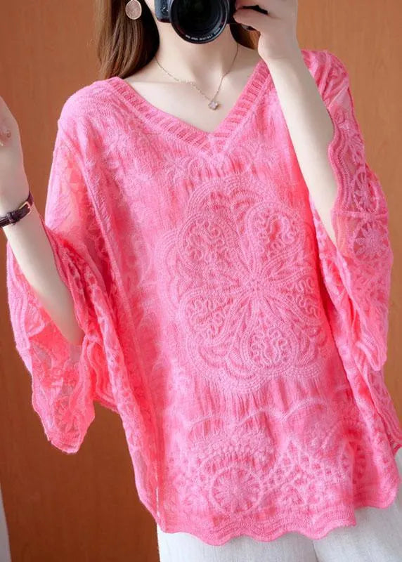 Pink Asymmetrical Design Summer Lace Top