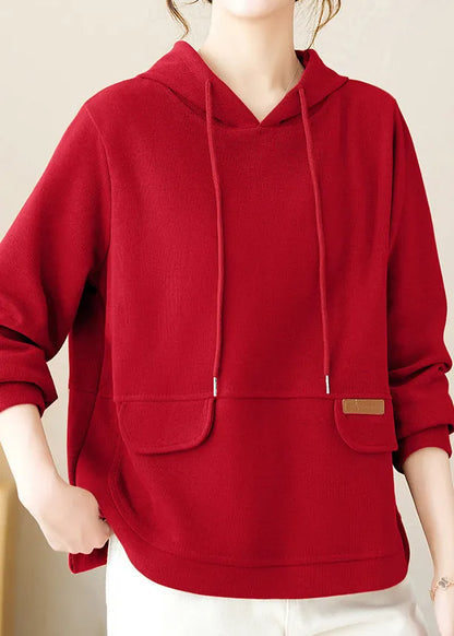 Red Patchwork Cotton Pullover Hooded Fall