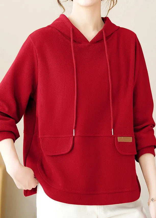 Red Patchwork Cotton Pullover Hooded Fall