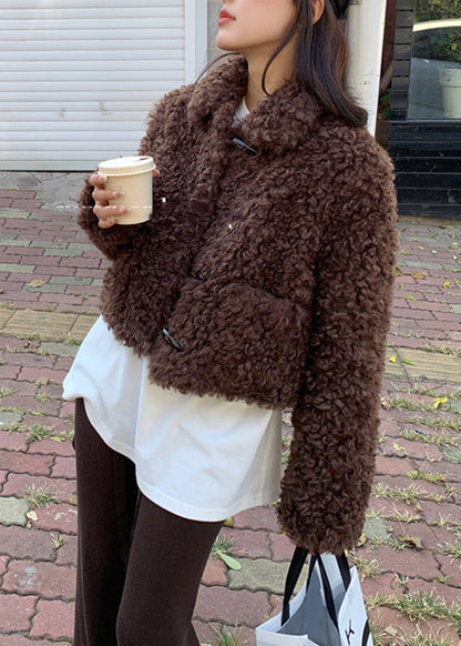 Coffee Peter Pan Collar Pockets Faux Fur Jacket Spring