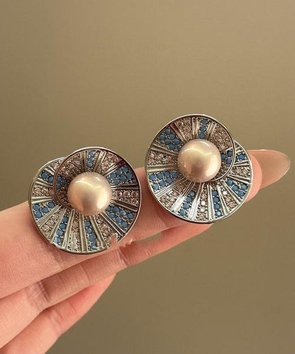 Retro Colorblock Copper Overgild Zircon Pearl Shell Stud Earrings