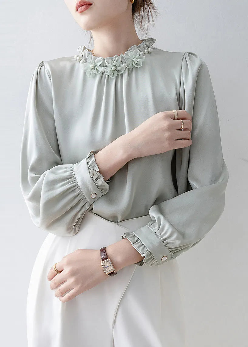 Unique Light Blue Ruffled Chiffon Shirts Spring