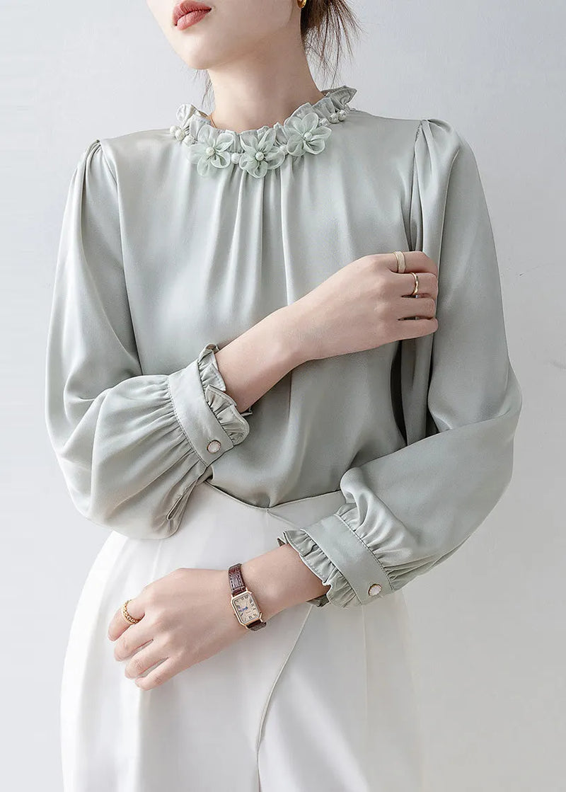 Unique Light Blue Ruffled Chiffon Shirts Spring