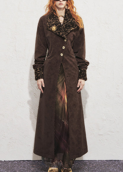 Chocolate Leopard Tie Waist Faux Suede Long?trench?coat Winter