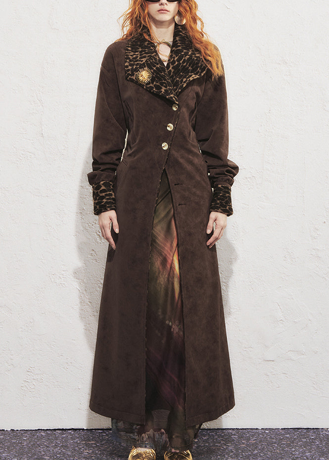 Chocolate Leopard Tie Waist Faux Suede Long?trench?coat Winter