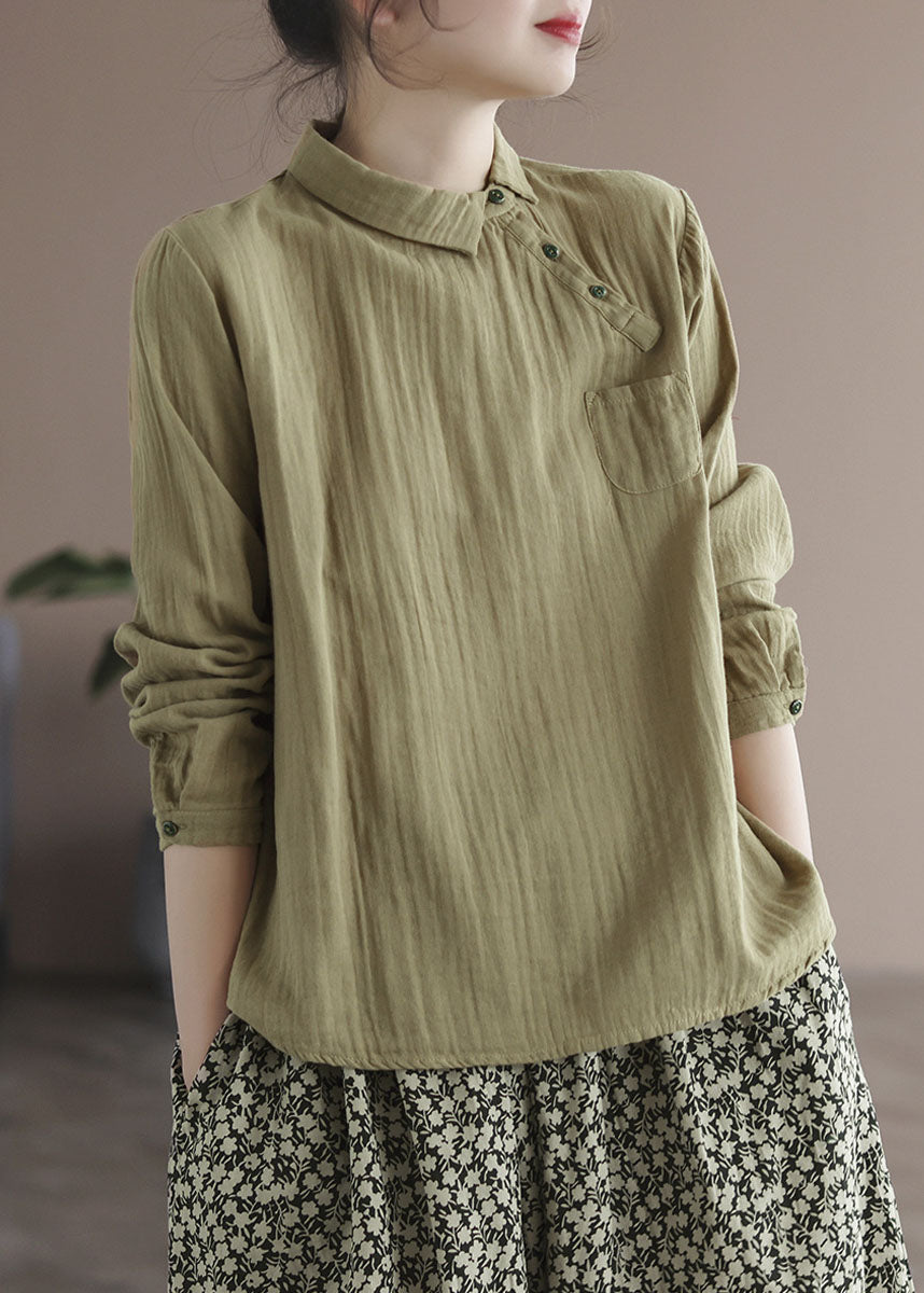 Khaki Button Peter Pan Collar Asymmetrical Design Cotton Tops Long Sleeve