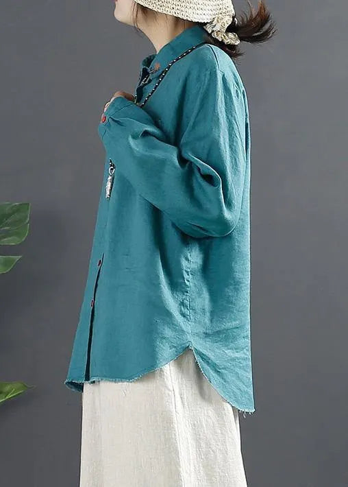 Blue Blouses for Lapel Embroidery Baggy Blouse