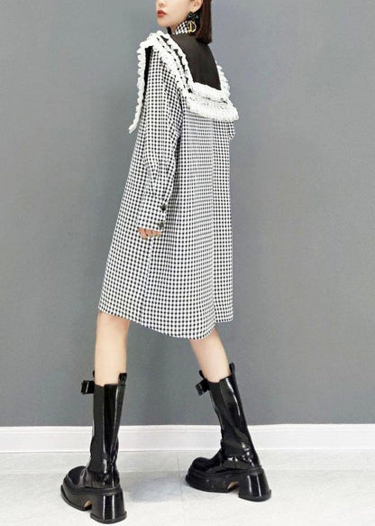 Italian Grey Plaid Peterpan Collar Button Dresses Fall Long Sleeve