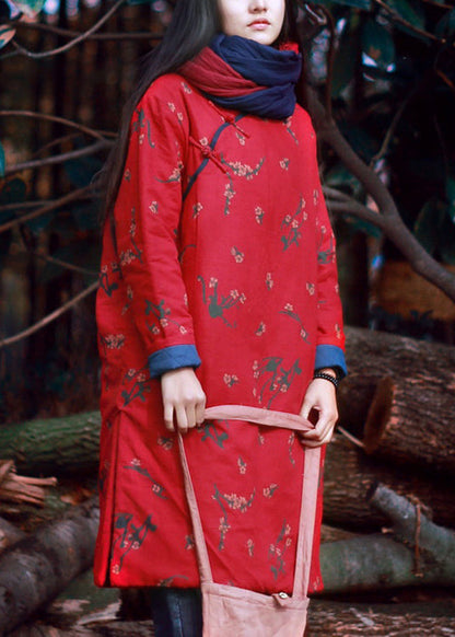Red Print Button Pockets Cotton Filled Mid Dress Winter