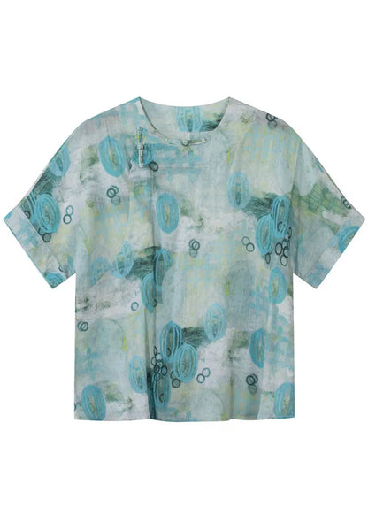 Green Print Linen Blouse Tops Short Sleeve