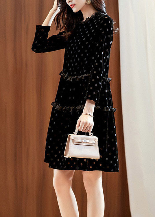 Black Dot Print Patchwork Velour Dress Spring