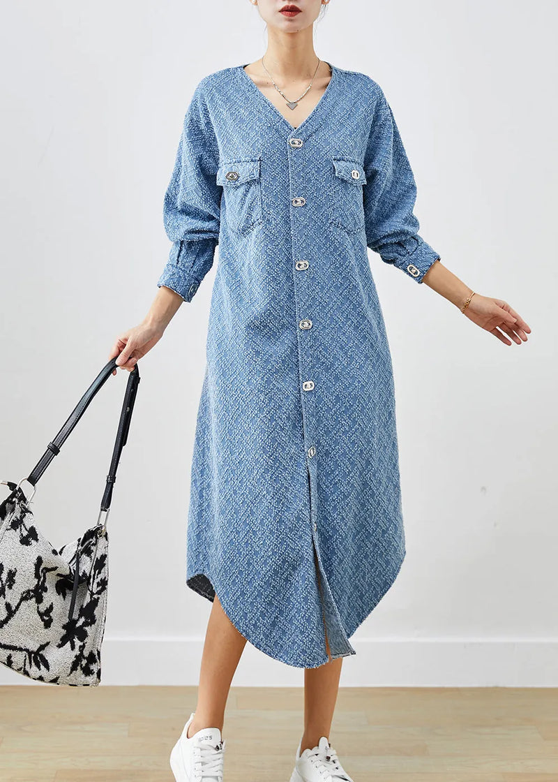 Denim Blue V Neck Cotton Long Dress Fall