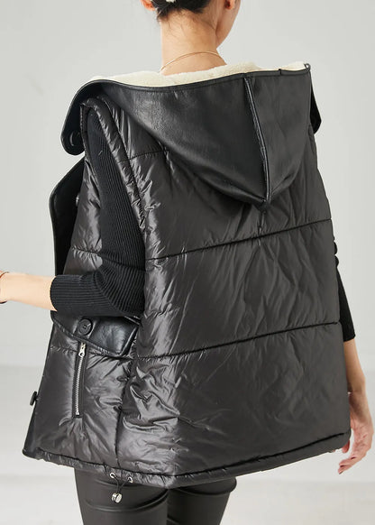 Black Oversized Patchwork Faux Leather Fine Cotton Filled Vests Spring
