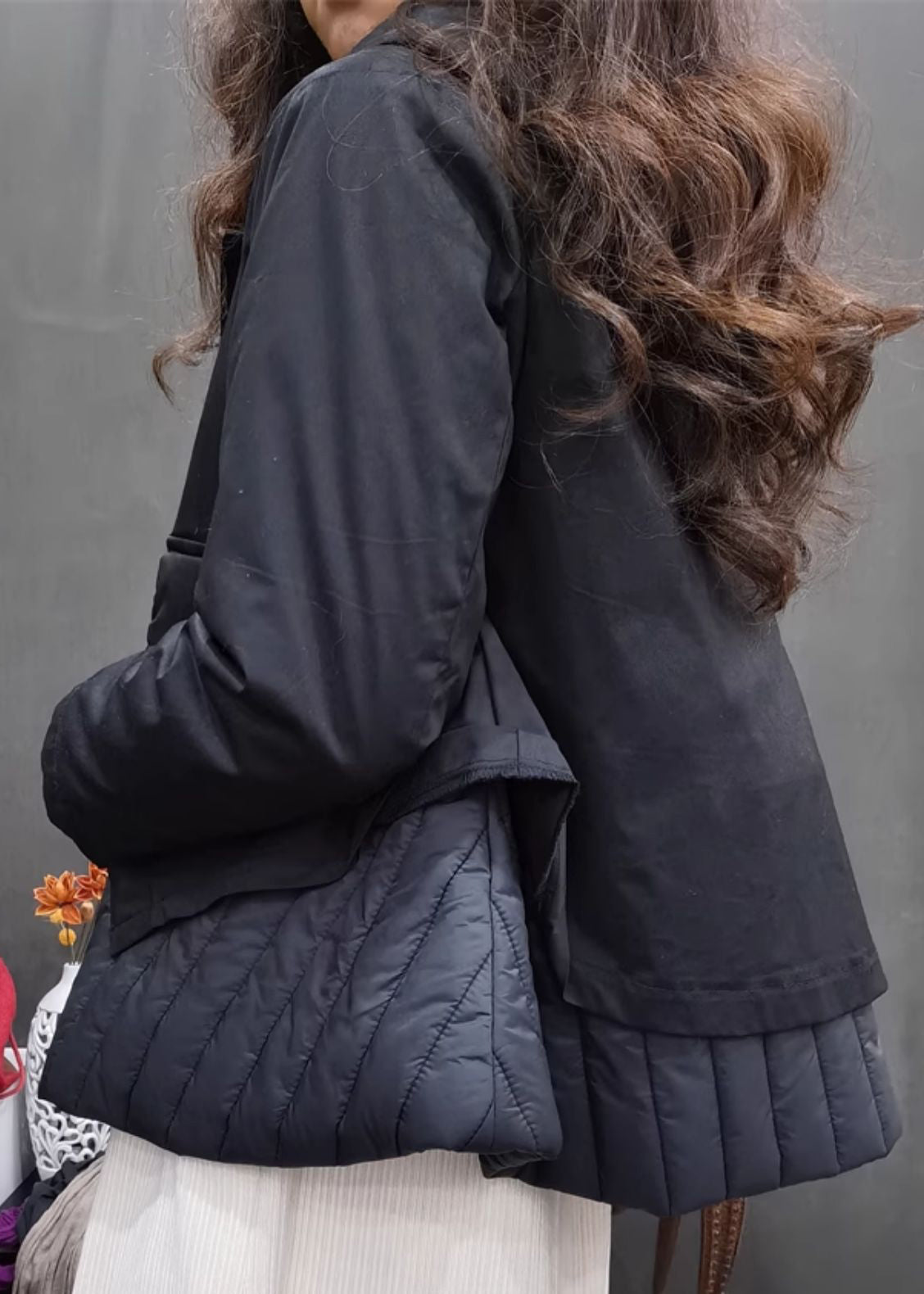 Black Patchwork Fine Cotton Filled Hooded Jacket Long Sleeve