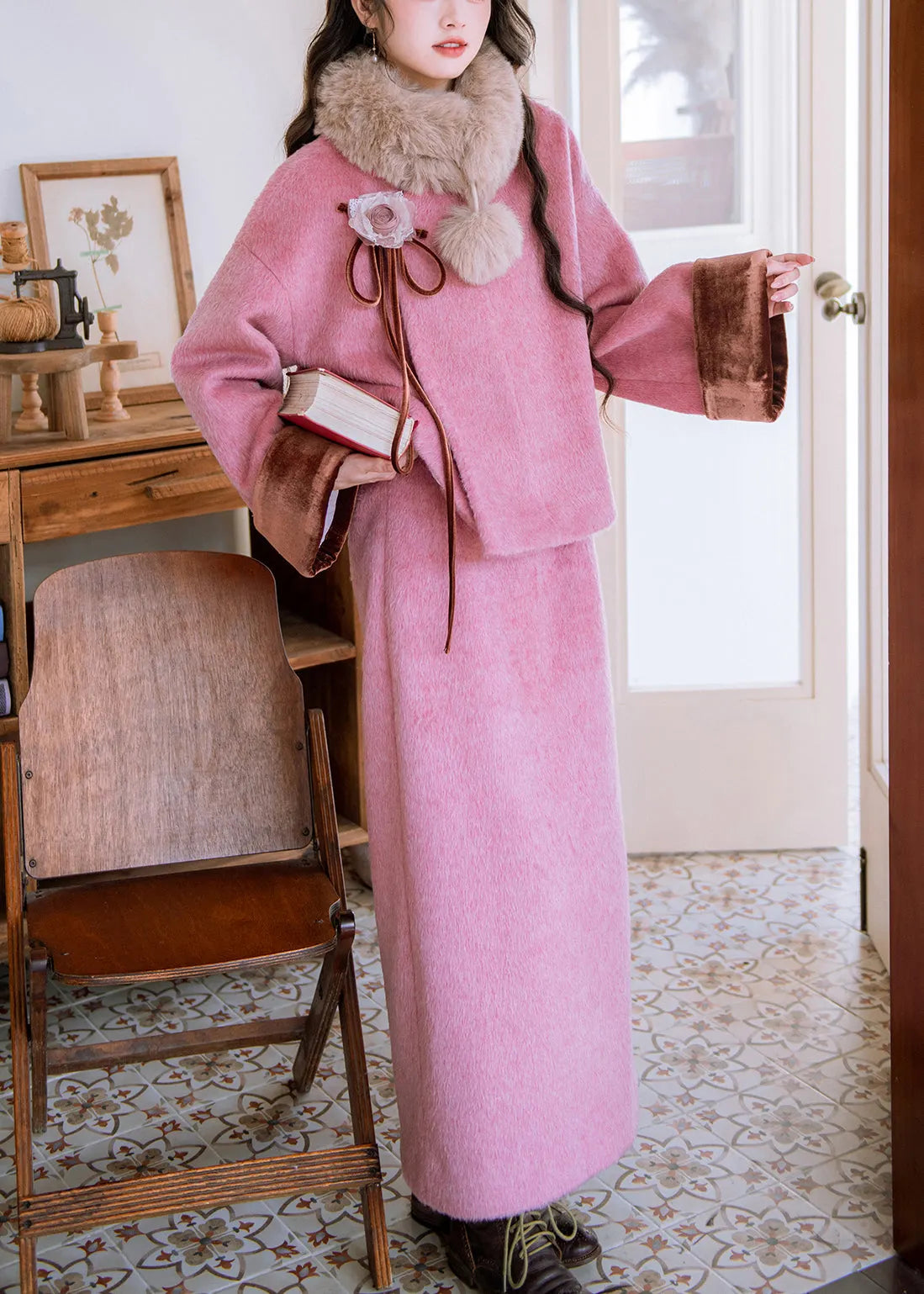 Pink Fur Collar Coat Side Open and Skirts Woolen Two Pieces Set Winter