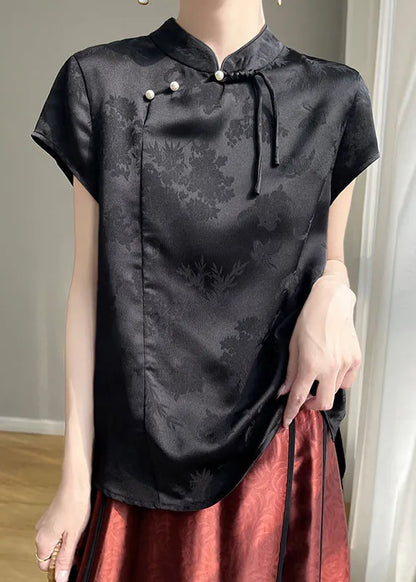 Chinese Style Black Button Silk Top Short Sleeve