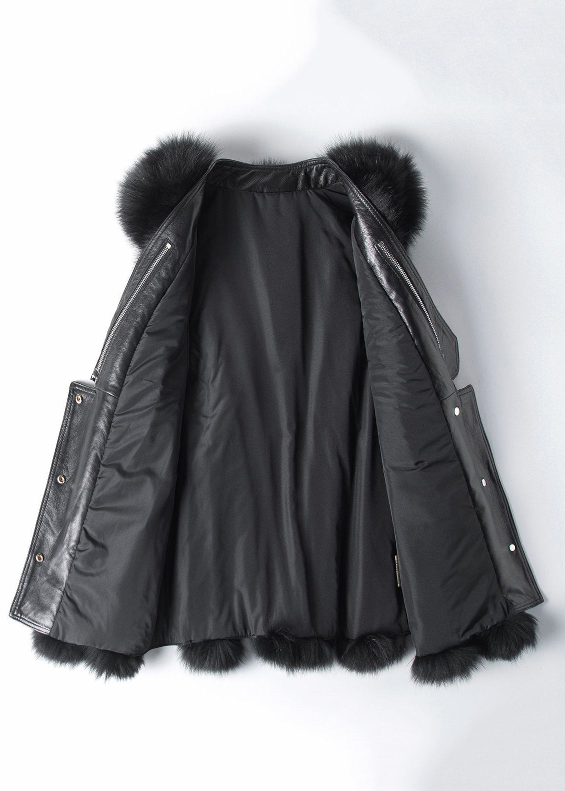 New Black Fox Collar Button Patchwork Leather and Fur Waistcoat Sleeveless