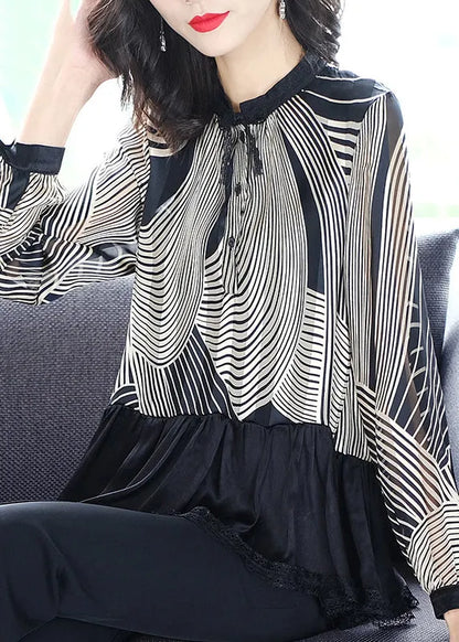 Black Stand Collar Patchwork Striped Button Chiffon Shirts Long Sleeve