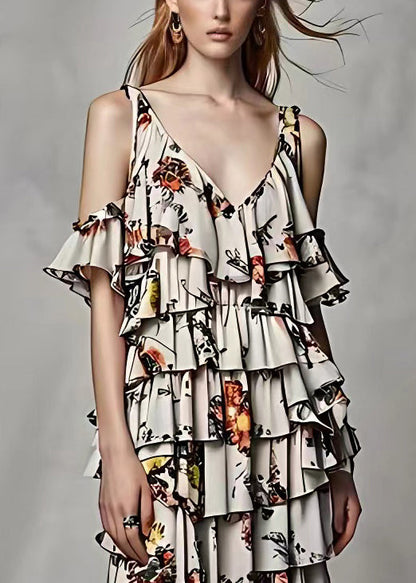 Grey Cold Shoulder Print Silk Long Dresses Summer