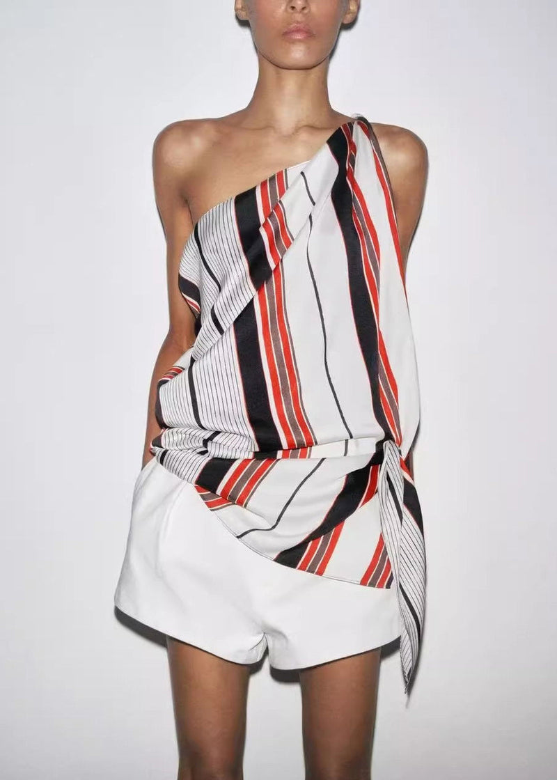 Asymmetrical Striped Tie Waist Shirt Sleeveless