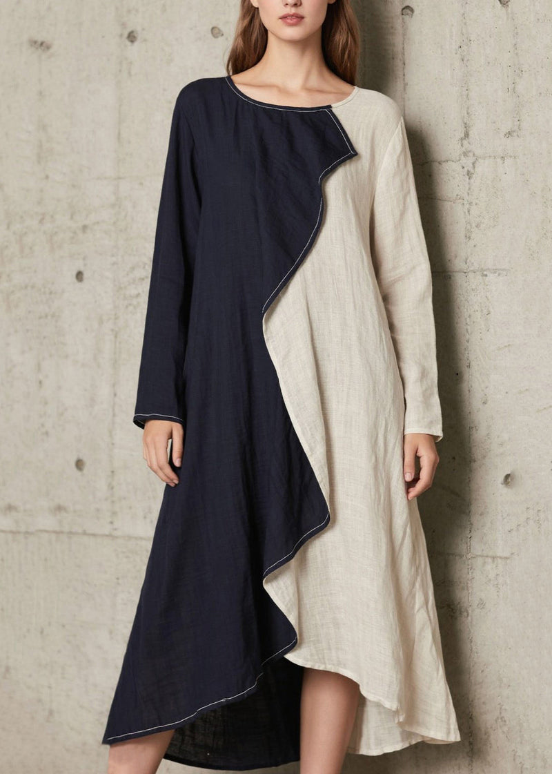 Navy Asymmetrical Patchwork Cotton a Line Dress Spring