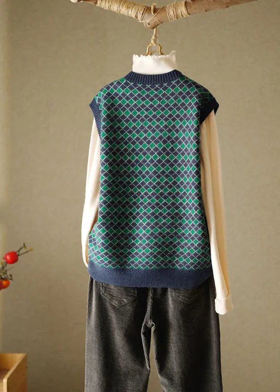 Navy O-neck Plaid Knitted Cotton Thread Waistcoat Fall